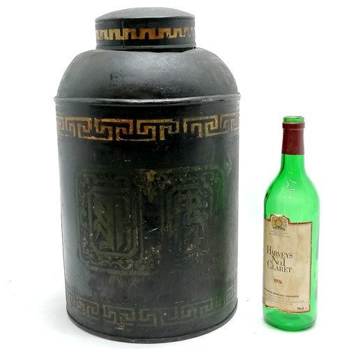 16 - Antique black painted tea tin with original Chines characters and banded Greek 44cm high  x 26cm dia... 