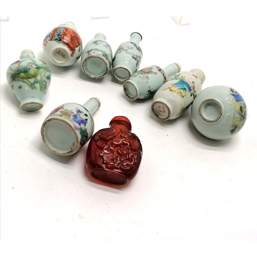 21 - Libation style cup with figural detail (10cm), 8 x ceramic snuff bottles (1 a/f) & red snuff bottle ... 