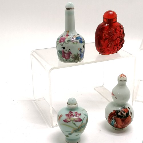 21 - Libation style cup with figural detail (10cm), 8 x ceramic snuff bottles (1 a/f) & red snuff bottle ... 