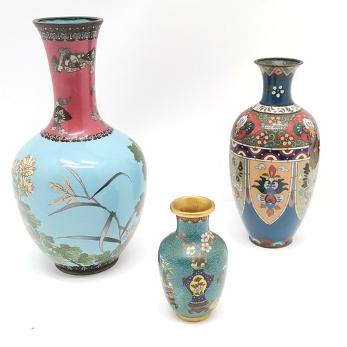 23 - Antique Chinese cloisonne vase with flower & bird detail (30cm high with light cracks) t/w 2 others ... 