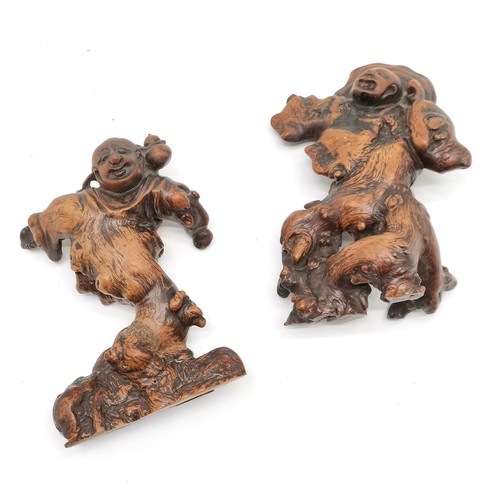 24 - Oriental pair of antique hand carved figural root carvings - tallest 21cm