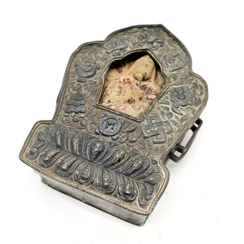 27 - Antique Chinese / Tibetan metal cased clay Buddha - 13.5cm high x 11cm wide ~ some losses to surface... 