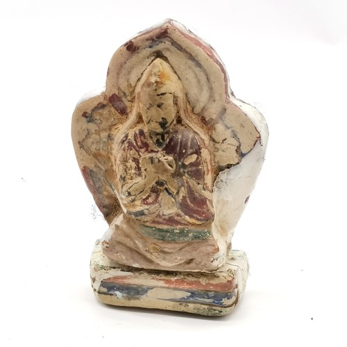 27 - Antique Chinese / Tibetan metal cased clay Buddha - 13.5cm high x 11cm wide ~ some losses to surface... 