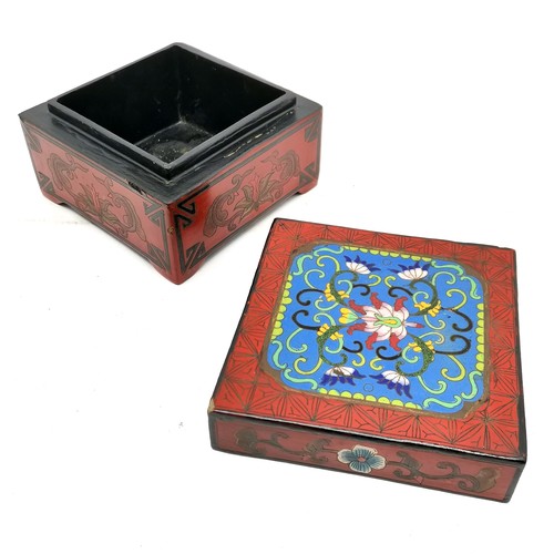 39 - Unusual Chinese lacquer box with cloisonne panel to lid - 12cm square x 8cm high ~ has some small ch... 