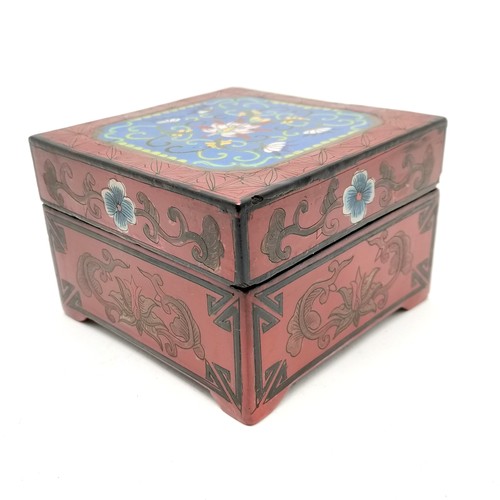 39 - Unusual Chinese lacquer box with cloisonne panel to lid - 12cm square x 8cm high ~ has some small ch... 