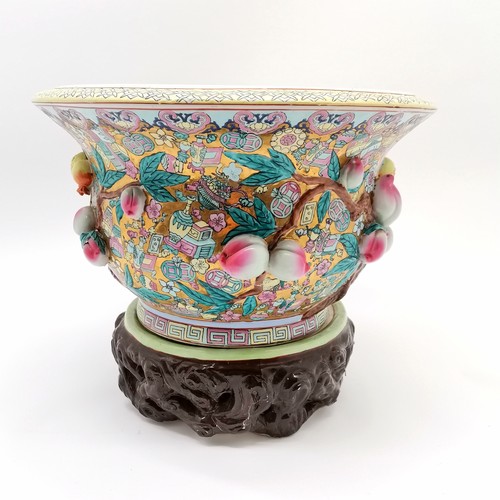 44 - Oriental large jardiniere with raised fruit detail on ceramic base - 40cm diameter x 34cm high ~ sig... 