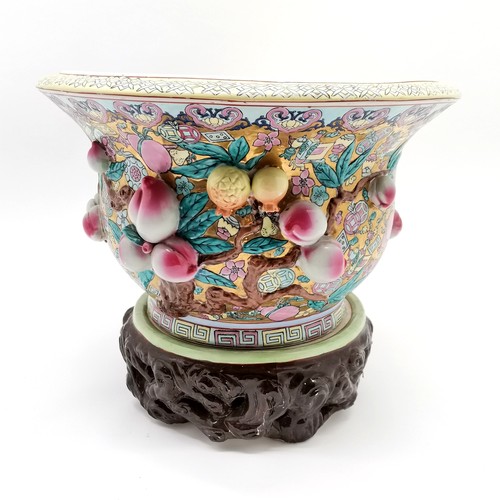 44 - Oriental large jardiniere with raised fruit detail on ceramic base - 40cm diameter x 34cm high ~ sig... 