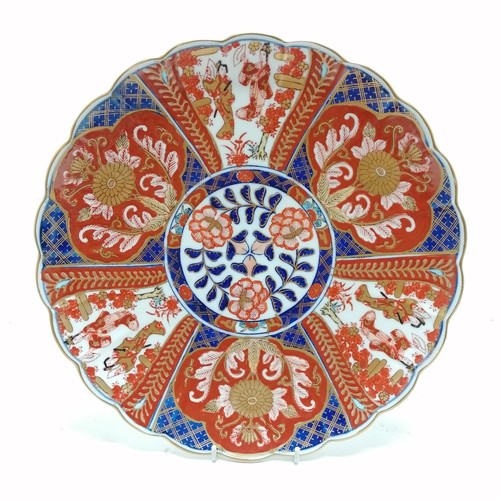 53 - Pair of Oriental Imari patterned chargers with chrysantheum & panel detail - 31cm diameter