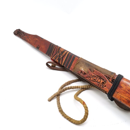 68 - 19th century Borneo dayak mandau sword with carved horn / steel wire grip - blade with engraved deco... 