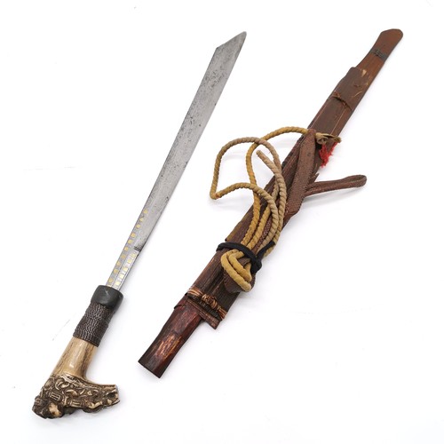 68 - 19th century Borneo dayak mandau sword with carved horn / steel wire grip - blade with engraved deco... 