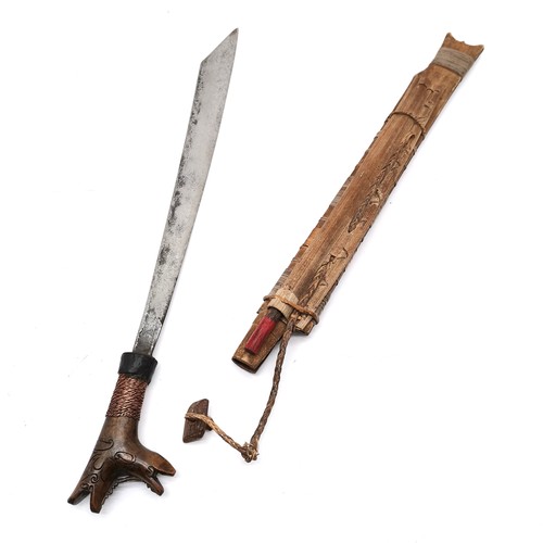 73 - Vintage Borneo dayak mandau sword in sheath with pisau raut in back sheath ~ the sword has hardwood ... 