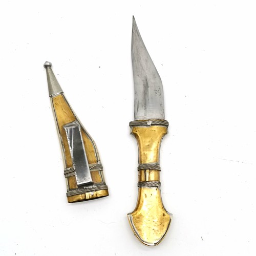 80 - Vintage Middle Eastern shabriya dagger in white metal / brass mounted scabbard with unmarked silver ... 