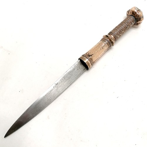 87 - Antique Burmese Shan Dha Hmyaung dagger with lotus bud pommel and spear point blade - 29.5cm long