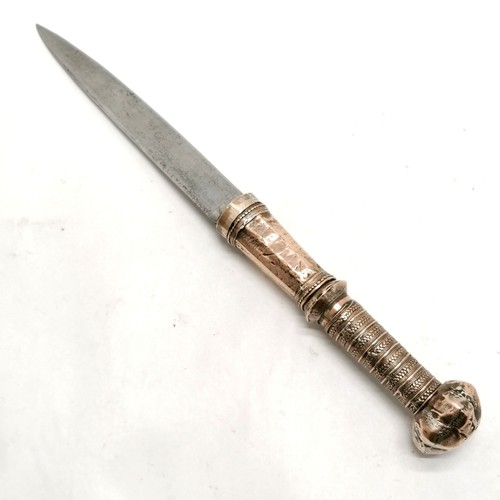 87 - Antique Burmese Shan Dha Hmyaung dagger with lotus bud pommel and spear point blade - 29.5cm long