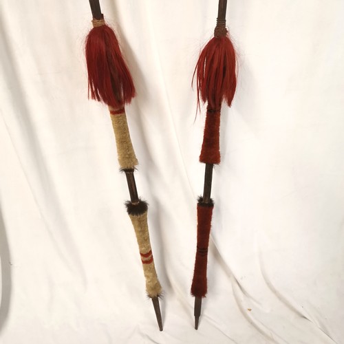 104 - 2 x antique Assam / Burmese Naga headhunter lance / spears with leaf steel heads and dyed goat hair ... 