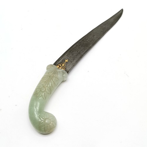 109 - Antique mughal dagger with a jade handle and damascene blade with gold inlay - 32cm long