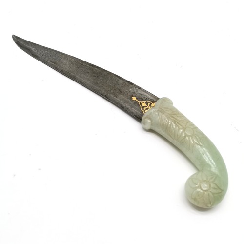 109 - Antique mughal dagger with a jade handle and damascene blade with gold inlay - 32cm long