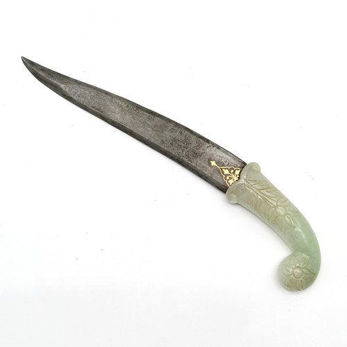 109 - Antique mughal dagger with a jade handle and damascene blade with gold inlay - 32cm long