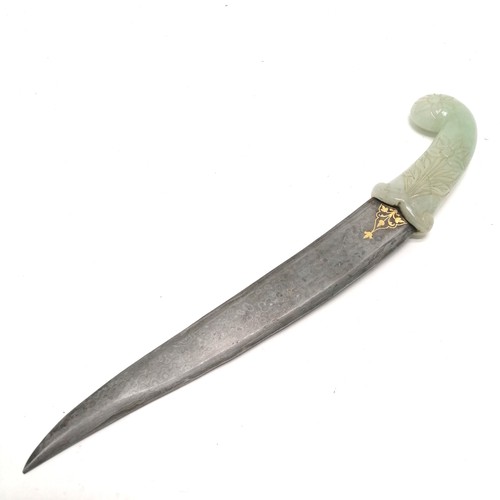 109 - Antique mughal dagger with a jade handle and damascene blade with gold inlay - 32cm long