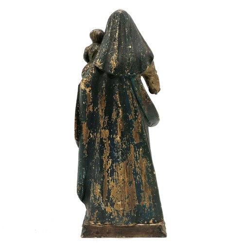 114 - Antique Madonna + child hand carved wooden figurine with gesso & paint detail - 30cm high ~ signs of... 