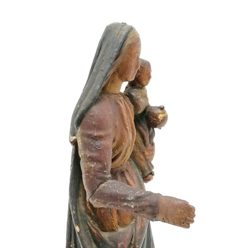 114 - Antique Madonna + child hand carved wooden figurine with gesso & paint detail - 30cm high ~ signs of... 