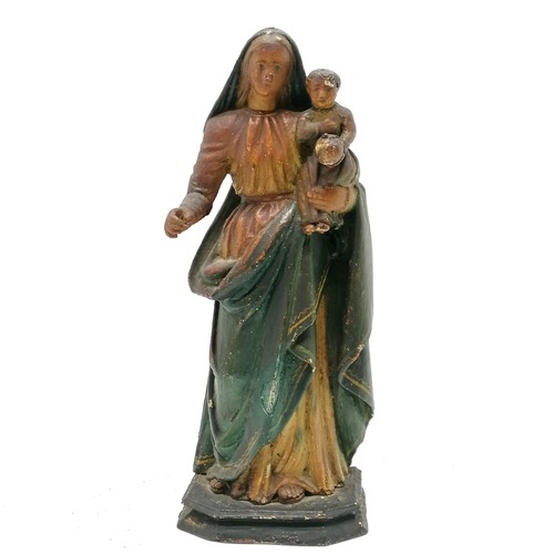 114 - Antique Madonna + child hand carved wooden figurine with gesso & paint detail - 30cm high ~ signs of... 