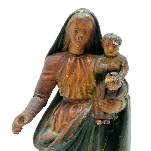 114 - Antique Madonna + child hand carved wooden figurine with gesso & paint detail - 30cm high ~ signs of... 