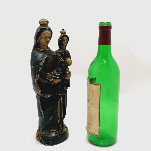 115 - Antique Madonna + child hand carved wooden figurine with gesso & paint detail - 35cm high ~ slight l... 