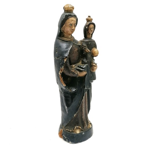 115 - Antique Madonna + child hand carved wooden figurine with gesso & paint detail - 35cm high ~ slight l... 