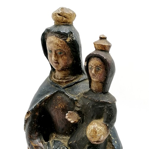 115 - Antique Madonna + child hand carved wooden figurine with gesso & paint detail - 35cm high ~ slight l... 