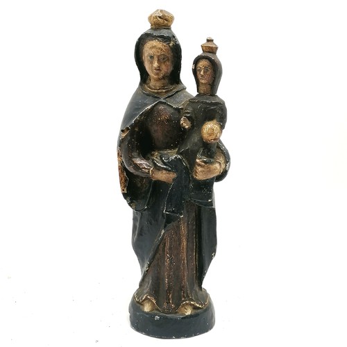 115 - Antique Madonna + child hand carved wooden figurine with gesso & paint detail - 35cm high ~ slight l... 