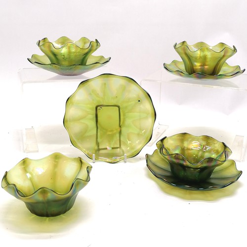 117 - 4 x Loetz (?) iridescent dessert bowls on plates (17cm diameter) - no obvious damage