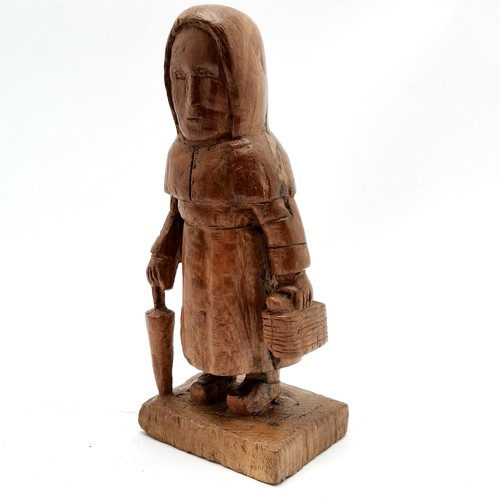 118 - Folk art hand carved wooden figure of a lady with umbrella & shopping basket - 22.5cm high