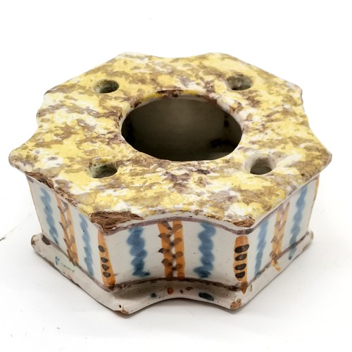 119 - Antique French (Nevers ?) earthenware inkwell with spongeware detail to top - 10cm x 11cm and has so... 