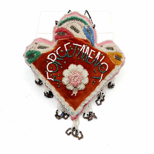 120 - Antique Forget me not large pin cushion / love token with beadwork detail and stylised heart shape -... 