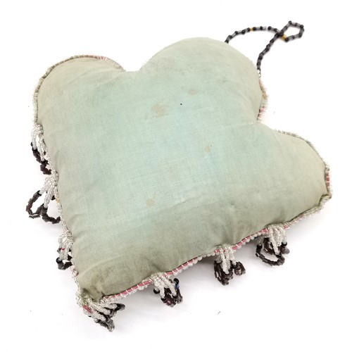 120 - Antique Forget me not large pin cushion / love token with beadwork detail and stylised heart shape -... 