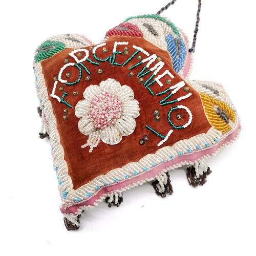 120 - Antique Forget me not large pin cushion / love token with beadwork detail and stylised heart shape -... 