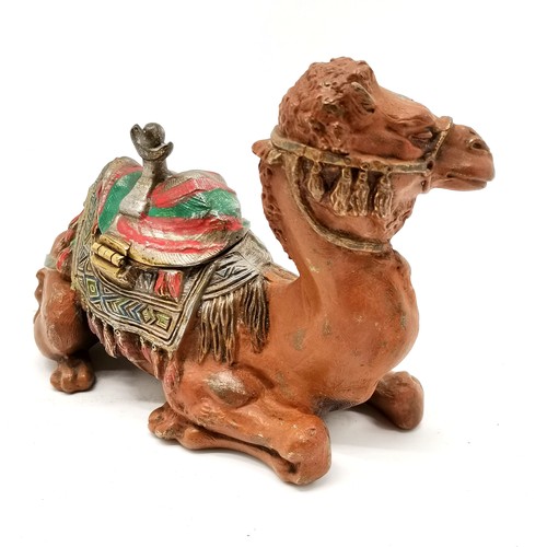 122 - Cold painted novelty camel inkstand - 14.5cm high x 22cm across ~ lacks liner and slight losses to p... 