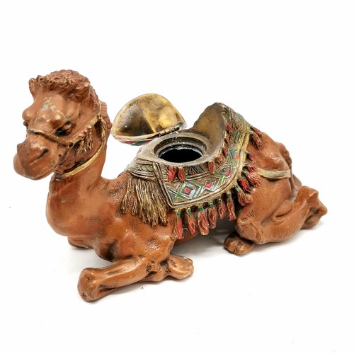 122 - Cold painted novelty camel inkstand - 14.5cm high x 22cm across ~ lacks liner and slight losses to p... 