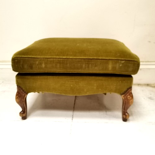 138 - Green upholstered footstool with cabriole legs - 60cm x 50cm x 36cm high ~ legs are scuffed