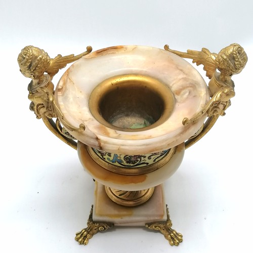 139 - Antique marble urn with ormolu mounts with champleve enamel detail and terminating on 4 hairy feet w... 