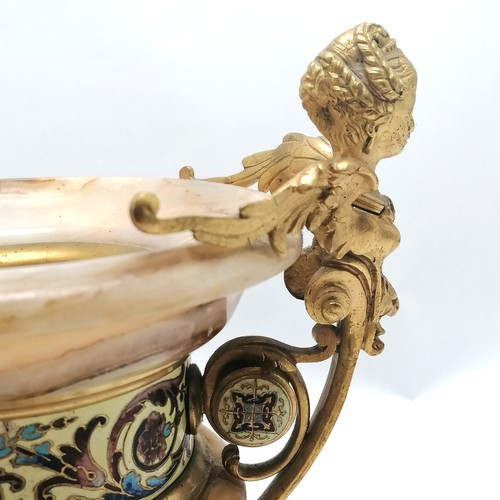 139 - Antique marble urn with ormolu mounts with champleve enamel detail and terminating on 4 hairy feet w... 