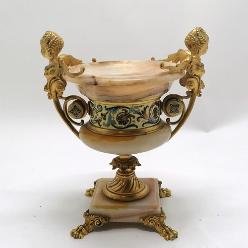 139 - Antique marble urn with ormolu mounts with champleve enamel detail and terminating on 4 hairy feet w... 