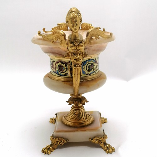 139 - Antique marble urn with ormolu mounts with champleve enamel detail and terminating on 4 hairy feet w... 