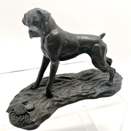 143 - Dog figure looking at a crab T/W a roaring tiger figure and a bronze duck (19cm high)