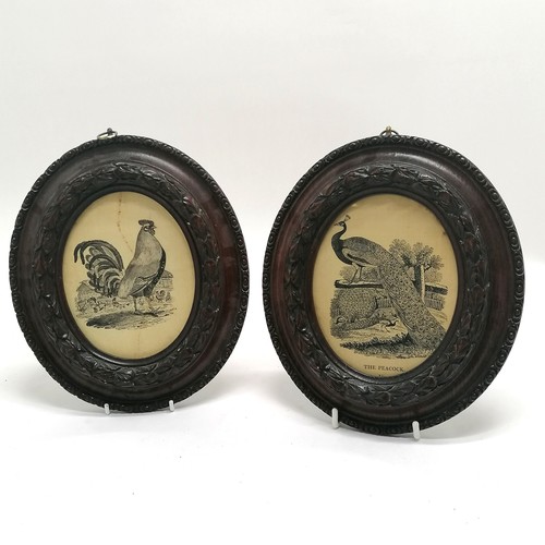 145 - Pair of antique oval framed woodcuts on silk of birds (peacock & cockerel) dated 1903 to the reverse... 