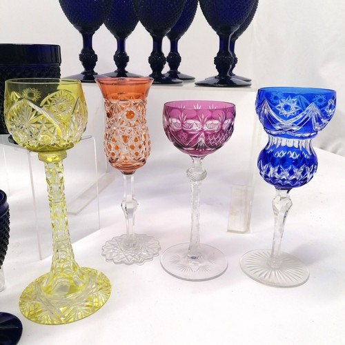 147 - Qty of antique (?) Bristol Blue glasses t/w vintage continental coloured glassware - tallest 22cm ~ ... 