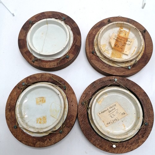 148 - 4 x framed antique pot lids inc a French street scene - frames 14.7cm diameter ~ 2 are cracked