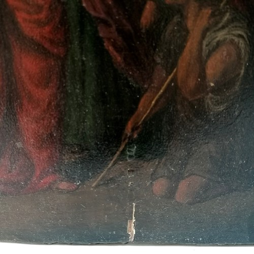 162 - Antique oil painting on panel depicting Christ healing a blind man 26cm x 20cm - has a split to the ... 