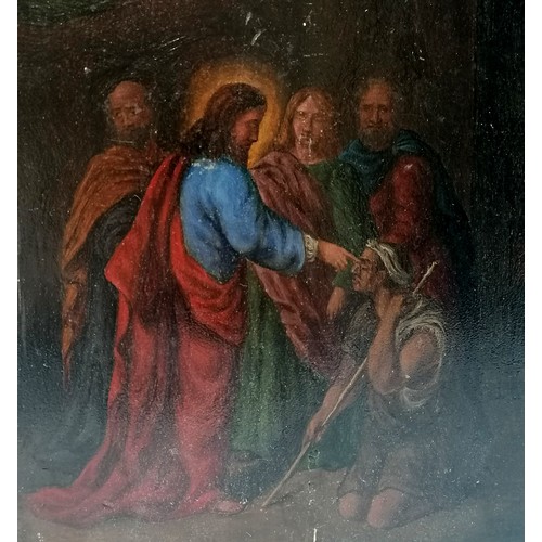 162 - Antique oil painting on panel depicting Christ healing a blind man 26cm x 20cm - has a split to the ... 